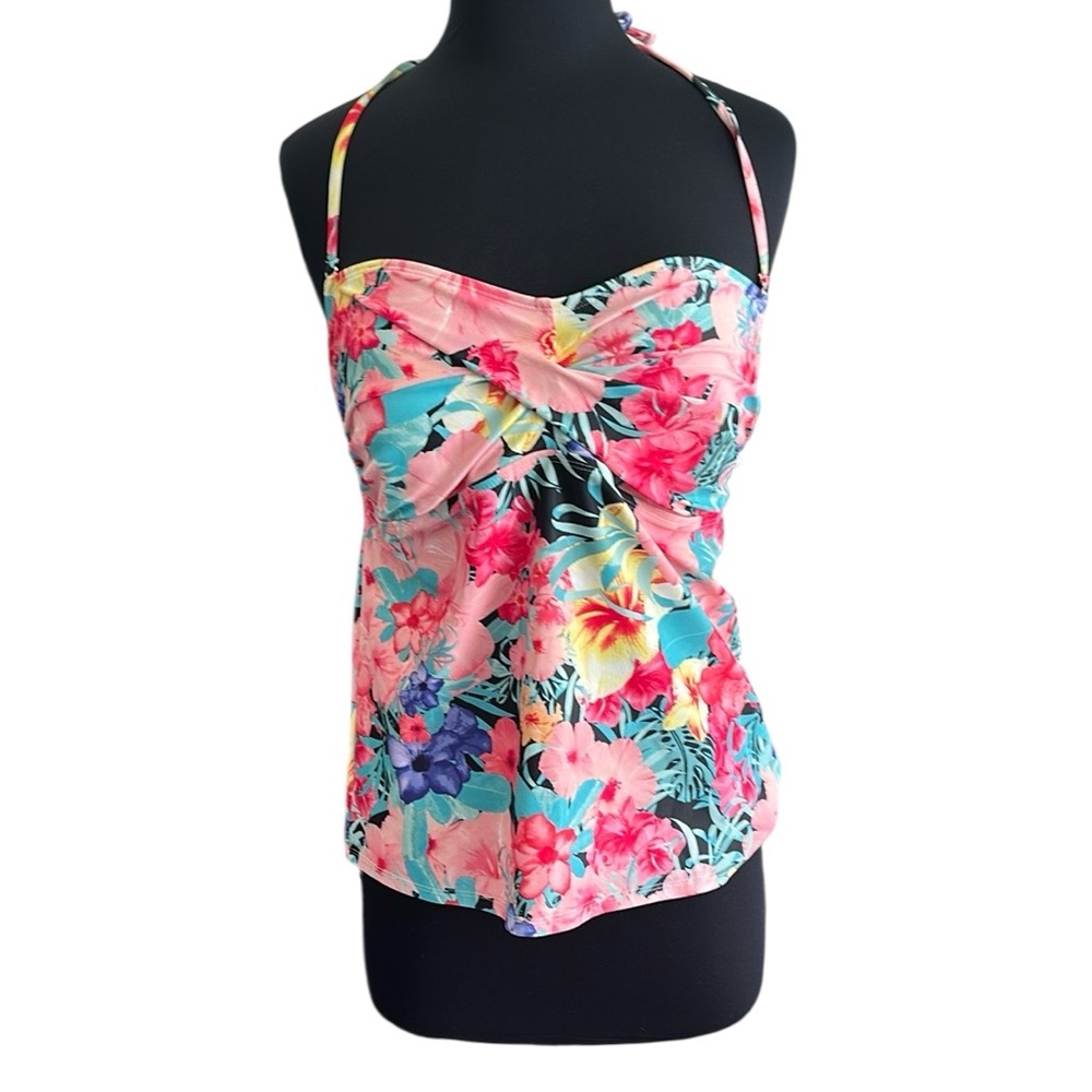 Catalina Multi Color Floral Halter Tankini Top Swimsuit Size Large